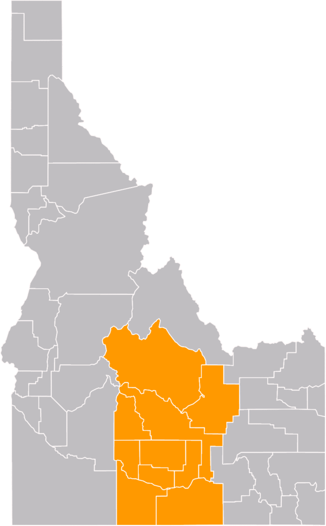 A vector image of the state of Idaho with southern counties highlighted as counties the Janice Seagraves Foundation services.