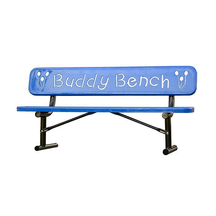 A photo of a blue bench with "buddy bench" cutout of the back rest